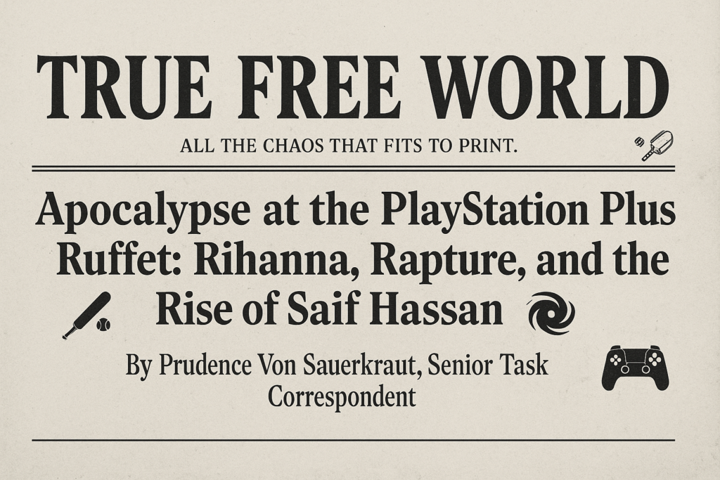 True Free World Newpaper Headline saying Apocalypse at the PlayStation Plus Buffet Rihanna, Rapture, and the Rise of Saif Hassan
