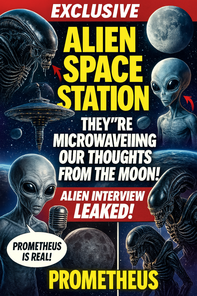 A sensational, vintage-style tabloid magazine cover featuring aliens, a futuristic space station orbiting the moon, and bold headlines. The main headline reads: “EXCLUSIVE: ALIEN SPACE STATION – THEY’RE MICROWAVEING OUR THOUGHTS FROM THE MOON!” Other text includes “ALIEN INTERVIEW LEAKED!” and “PROMETHEUS IS REAL!” The design includes large images of gray aliens with big black eyes, snarling xenomorphs from the Prometheus universe, and a glowing sci-fi space station hovering above Earth. The overall look is colorful, dramatic, and intentionally over-the-top, evoking classic conspiracy-theory tabloid covers.