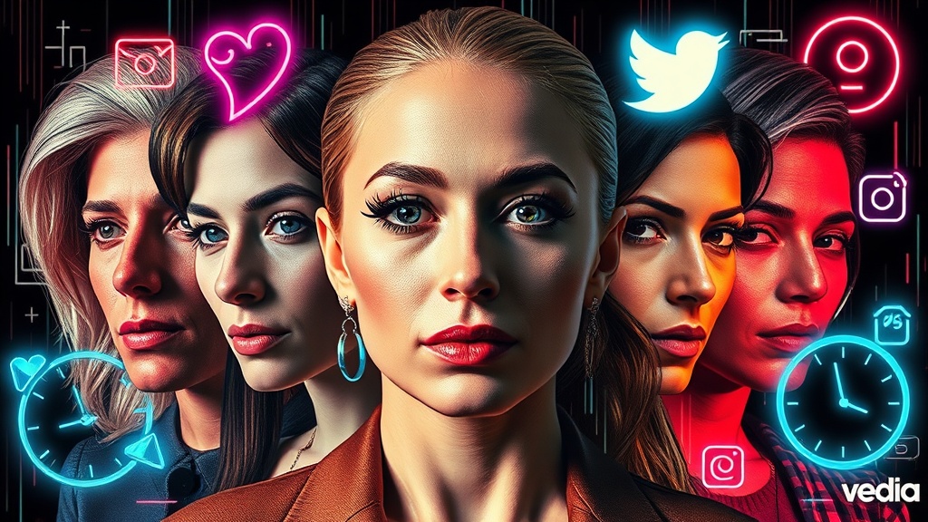 A stylized collage of iconic celebrity portraits morphing into clones, surrounded by glitchy neon social media icons and a subtle clock overlay hinting at time travel, all set against a dark, cyberpunk backdrop.