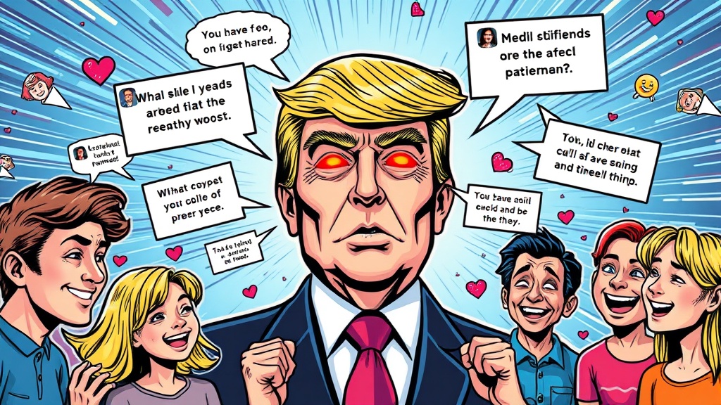 A vibrant, stylized comic panel featuring a charismatic political figure with exaggerated, glowing red eyes, surrounded by floating meme icons and playful speech bubbles, set against a dynamic digital glitch background that hints at viral social media buzz. The scene is illuminated by bold, contrasting colors, with diverse onlookers—young adults, seniors, and children—laughing and interacting with the floating memes, conveying the spread of satire across audiences.