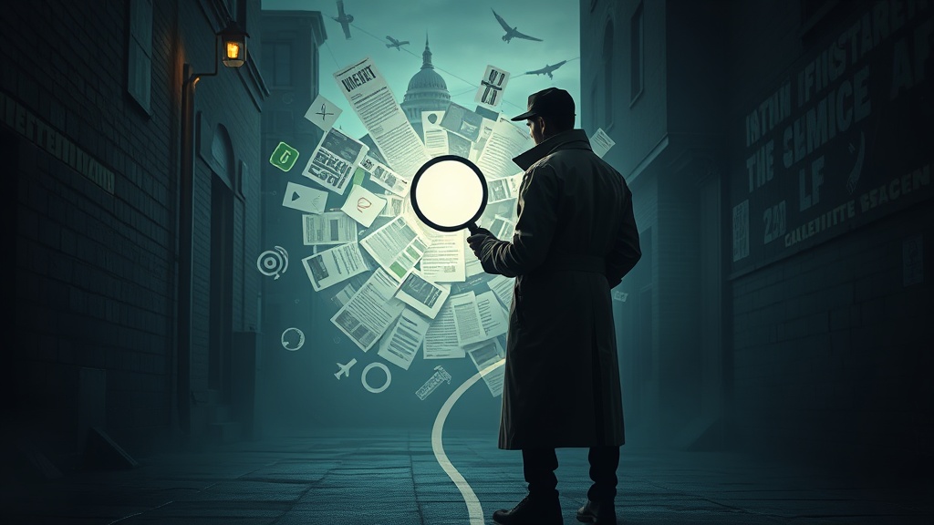 A lone figure in a trench coat stands in a dimly lit alley, holding a glowing magnifying glass that illuminates a swirling vortex of newspaper clippings, social media posts, and cryptic symbols, while distant silhouettes of government buildings and satellites loom in the background.