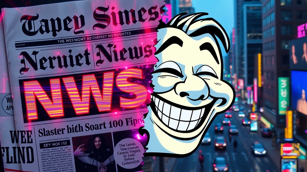 A split‑screen collage of a glossy newspaper headline distorted by glitchy, neon‑glow effects, juxtaposed with a cartoonish, exaggerated illustration of a laughing mask, all set against a bustling digital cityscape backdrop.