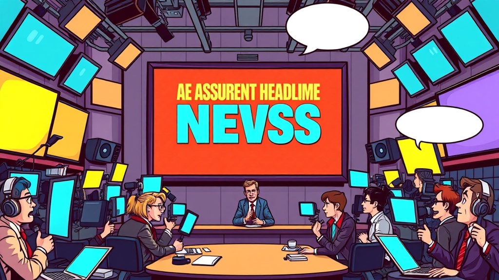 A bustling newsroom with a giant digital billboard flashing a bold, absurd headline in bright colors, surrounded by reporters in exaggeratedly serious poses yet with playful, cartoonish expressions. The scene is saturated with comic‑style speech bubbles and a vibrant palette that hints at satire and humor.