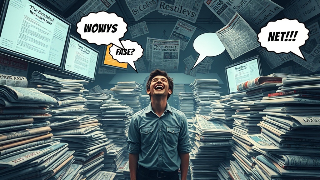 A chaotic newsroom with overflowing stacks of newspaper headlines and glowing digital screens, a lone figure laughing amid the chaos, surrounded by floating headlines that morph into comic bubbles.