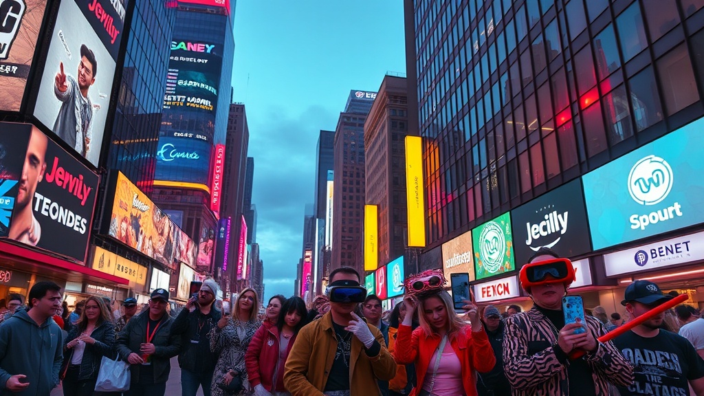 Neon‑lit urban street at dusk, skyscrapers towering with gigantic, scrolling holographic memes and trending logos, while a diverse crowd of eccentrically fashionable characters pose with exaggerated props like oversized smartphones, vape pens, and VR goggles, all bathed in a playful glitchy glow.