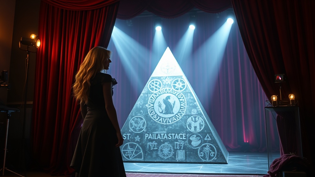 A glamorous celebrity backstage scene, where a star stands beside a shimmering silver pyramid hidden behind a velvet curtain, with subtle occult symbols reflected in the stage lights and paparazzi flash bulbs creating a neon glow. The setting feels cinematic and mysterious, blending high fashion with a hint of secret society intrigue.