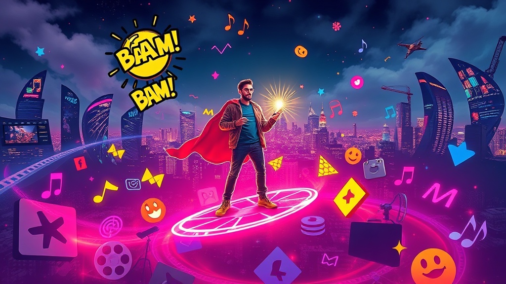 A vibrant, high-energy scene of a stylized social media influencer standing on a neon-lit, swirling vortex of pop‑culture icons—film reels, music notes, meme emojis, and trending hashtags—while holding a glowing smartphone that emits a burst of comic‑style “Bam!” effects, all framed against a dramatic, cityscape night sky with dynamic lighting.