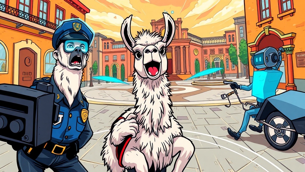 A vibrant, comic‑style illustration of a startled llama in a police chase through a town square, with a holographic chatbot perched on a council chair and a bewildered mayor in the background, all rendered in bold, eye‑catching colors and dynamic motion lines.