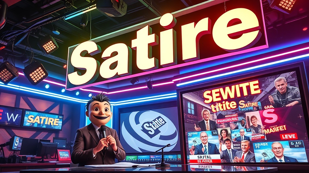 A bustling newsroom bathed in neon lights, with a giant, stylized “Satire” banner hanging overhead, a reporter wearing a playful mask holding a microphone, and a digital newsfeed swirling with colorful satire