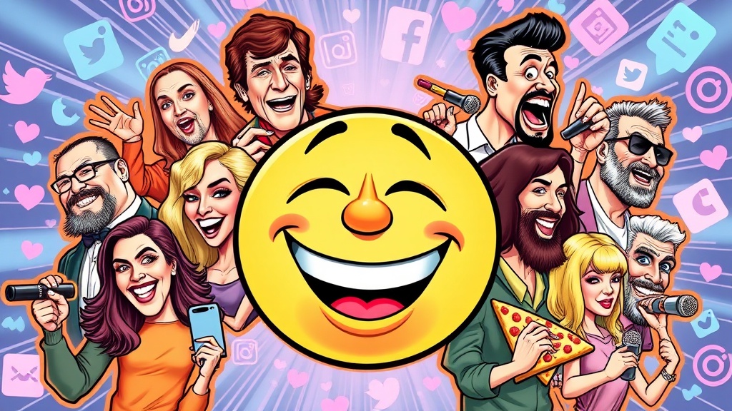 A vibrant, comic‑book style collage of 12 exaggerated celebrity caricatures, each holding a quirky prop (a microphone, smartphone, pizza, etc.) arranged around an oversized laughing emoji, with bold neon outlines and playful shadows to convey humor and satire. The background swirls with pastel‑colored social media icons, hinting at the digital age.