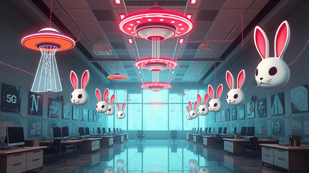 A surreal, neon‑lit office where oversized conspiracy icons—UFOs, 5G towers, rabbit heads—float in a repeating pattern, connected by dotted lines like a flowchart. In the foreground