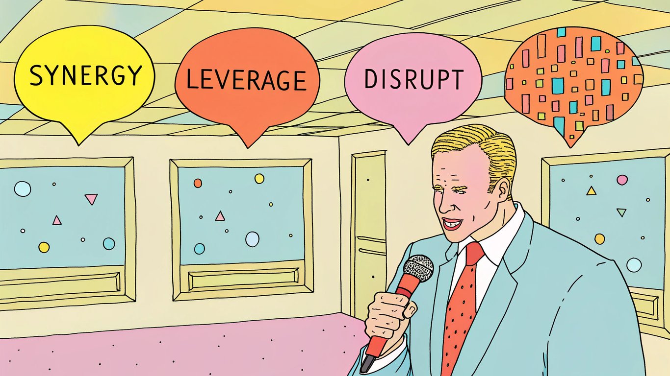 An executive surrounded by corporate buzzwords, illustrating the absurdity of corporate press releases.