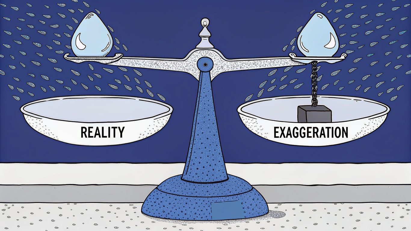 A scale balancing 70% reality and 30% exaggeration, representing the core mechanic of satire.