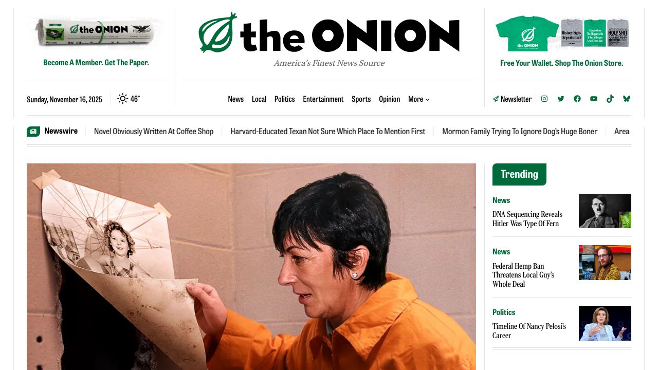 Homepage of The Onion website, displaying satirical news headlines and articles.