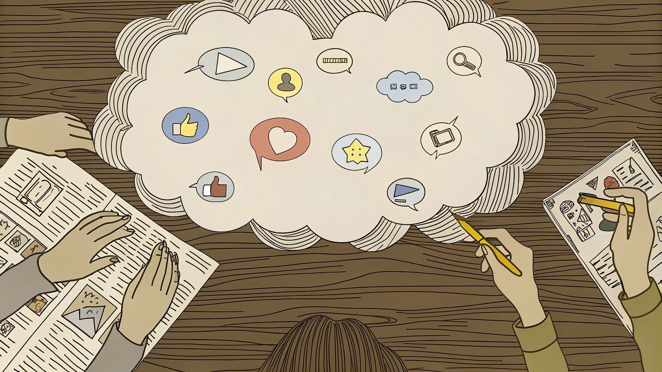 Illustration of social media icons surrounding a thought bubble with a satirical headline, showing how headlines are used for viral content.