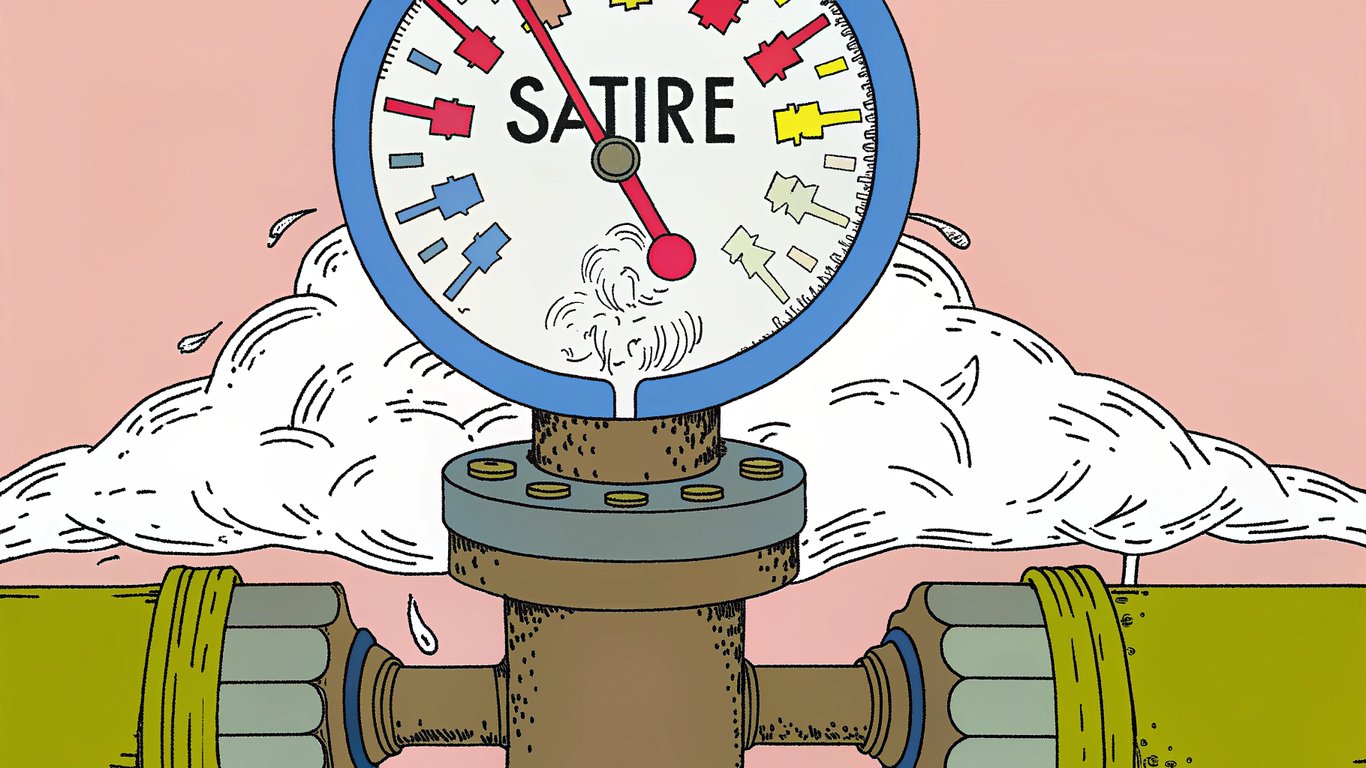 Illustration of a pressure gauge labeled 'Satire' releasing steam, symbolizing satire as a pressure valve for societal anxieties.