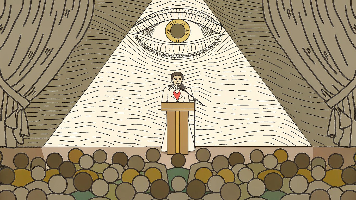 Illustration of a celebrity's shadow forming an Illuminati pyramid with an eye, representing satire on celebrity conspiracy theories.