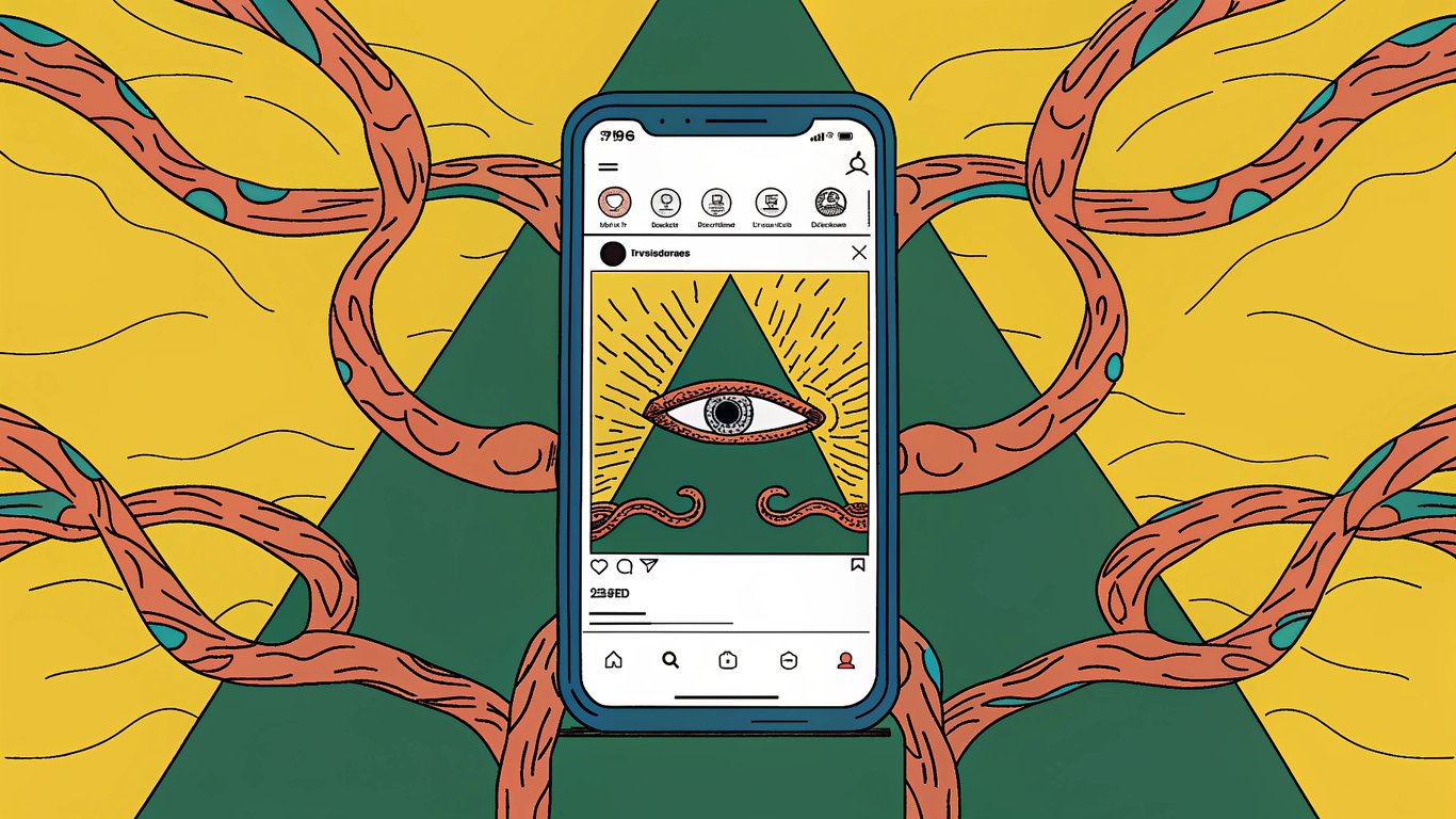 Illustration of a smartphone showing a viral post connected to an all-seeing eye, symbolizing social media influencer conspiracy theories.