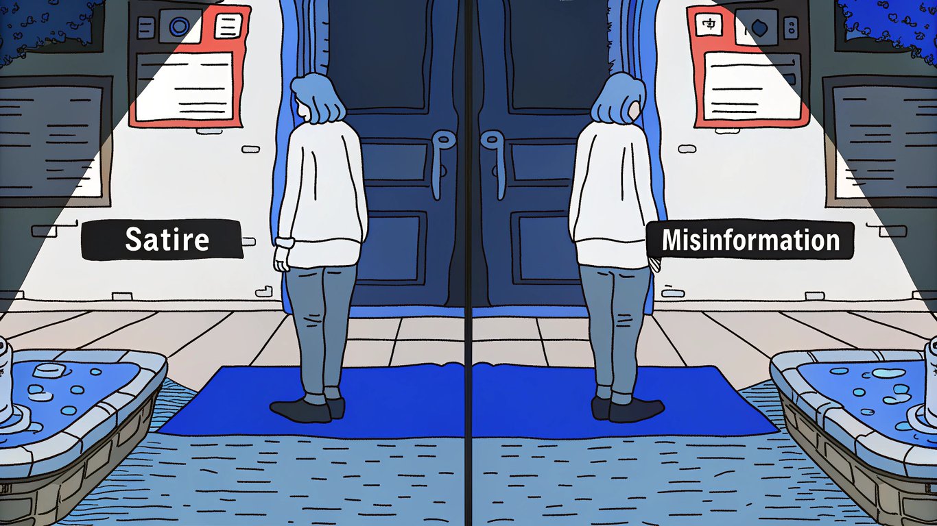 Illustration of two paths, satire and misinformation, almost merging in a blurry area, symbolizing the ethical dilemma of deepfakes.