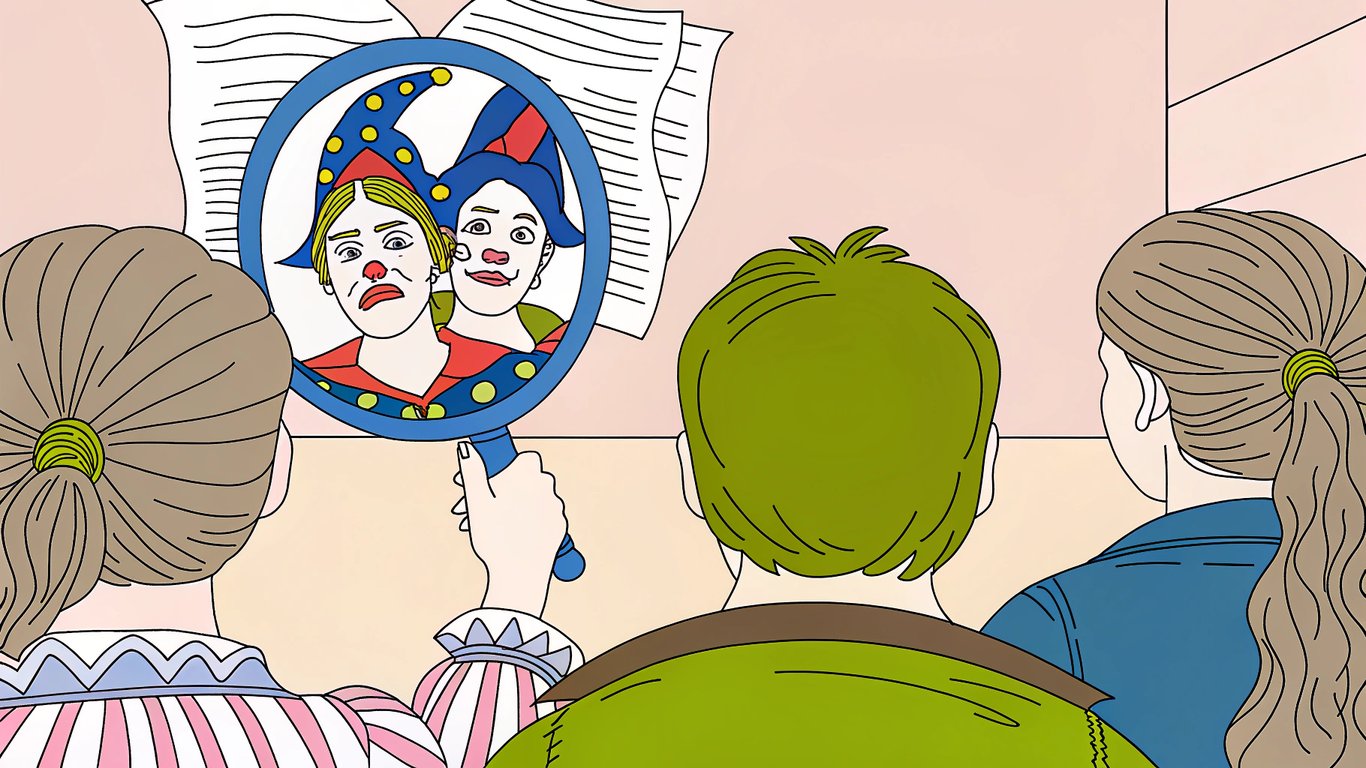 Illustration of a jester holding a distorted mirror reflecting a news headline, symbolizing satire.