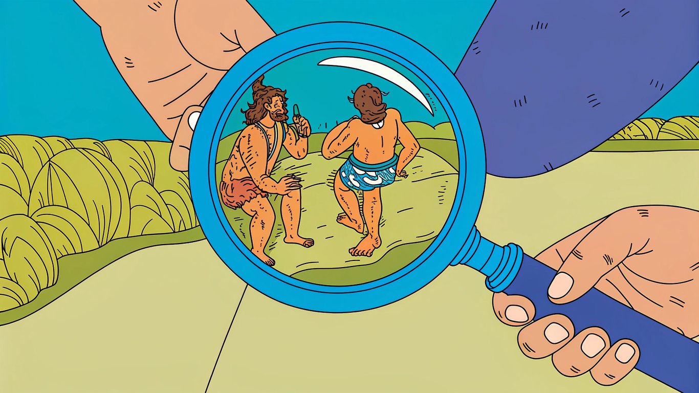 Diagram showing a magnifying glass revealing truth beneath an exaggerated scene, illustrating the anatomy of satire.