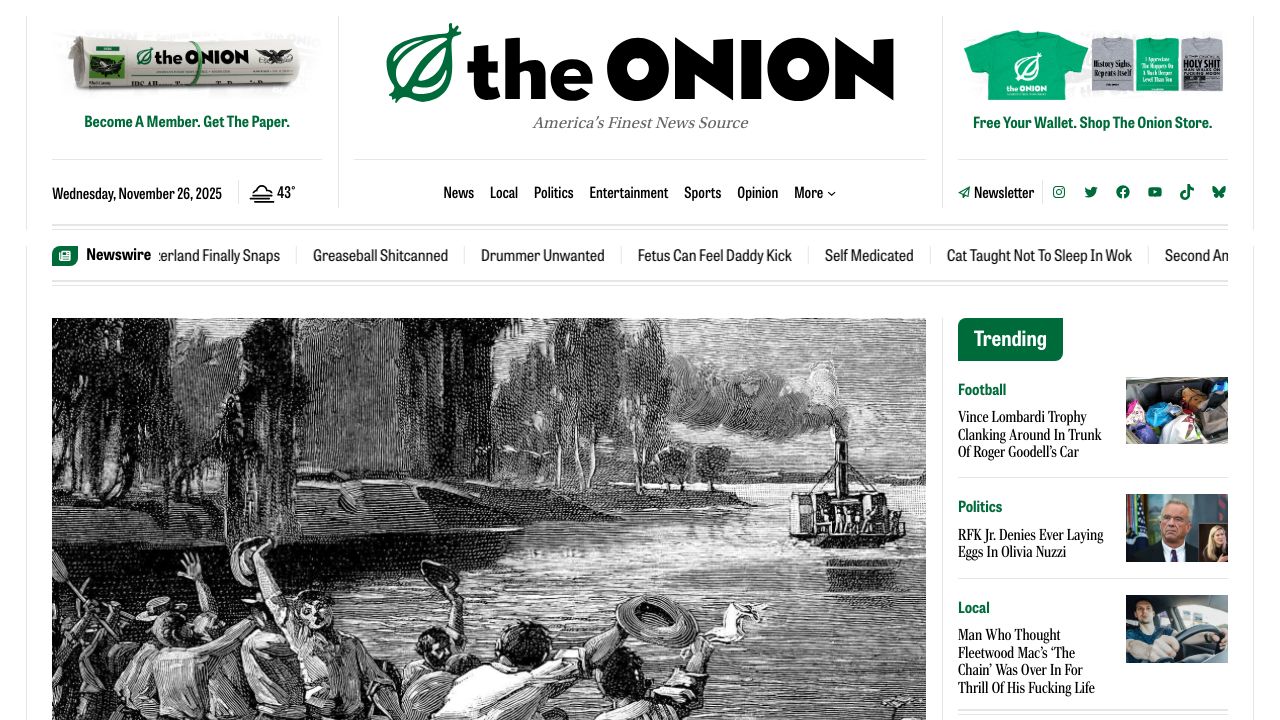 The Onion website homepage showing satirical headlines.