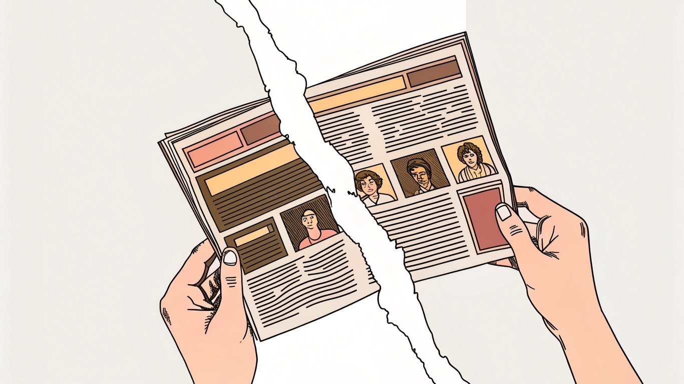 A visual metaphor showing the blurring line between satire and misinformation, with a newspaper headline transforming into a distorted digital display.