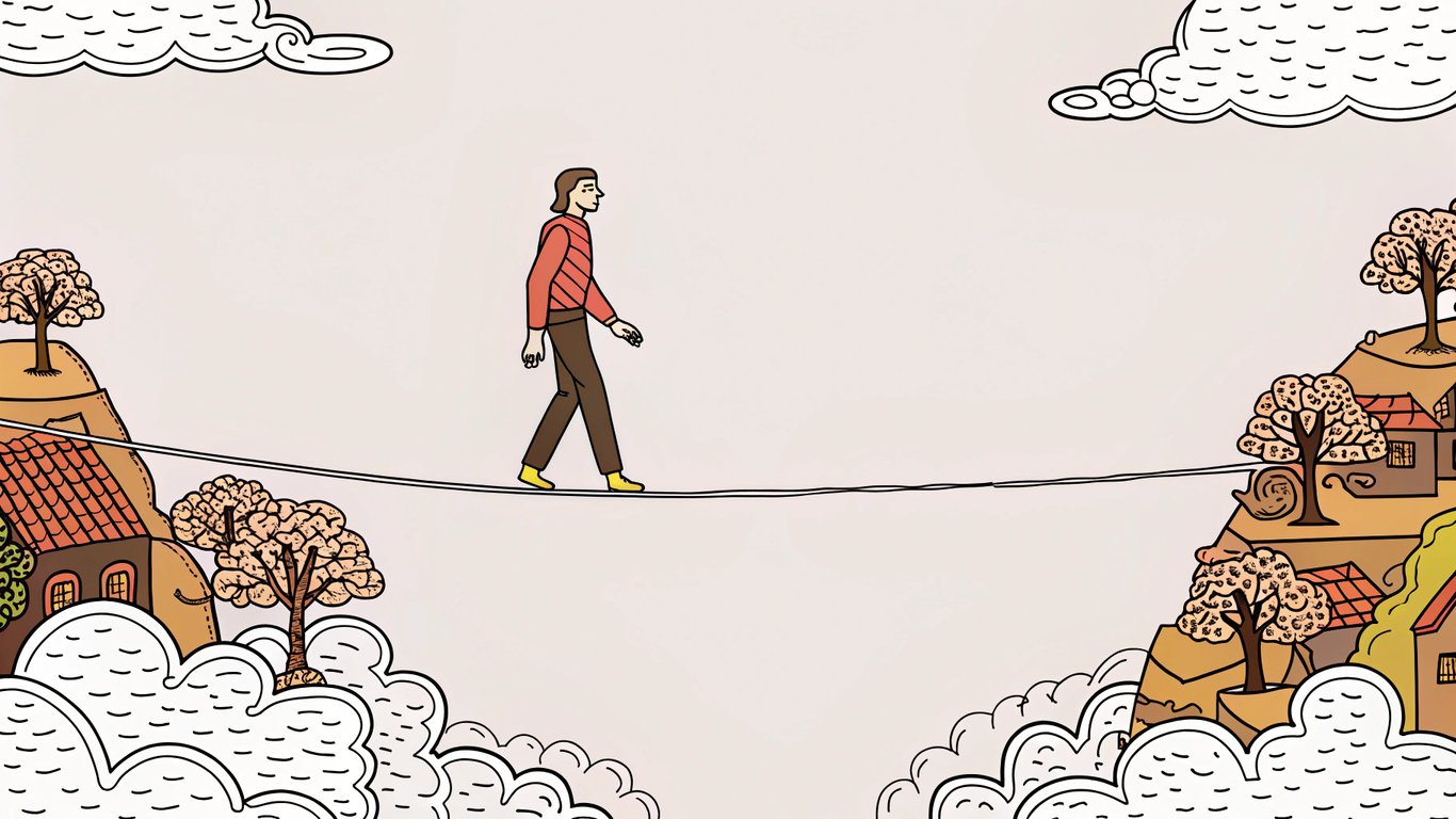 A figure balancing on a tightrope, symbolizing the delicate balance between reality and absurdity in satire.