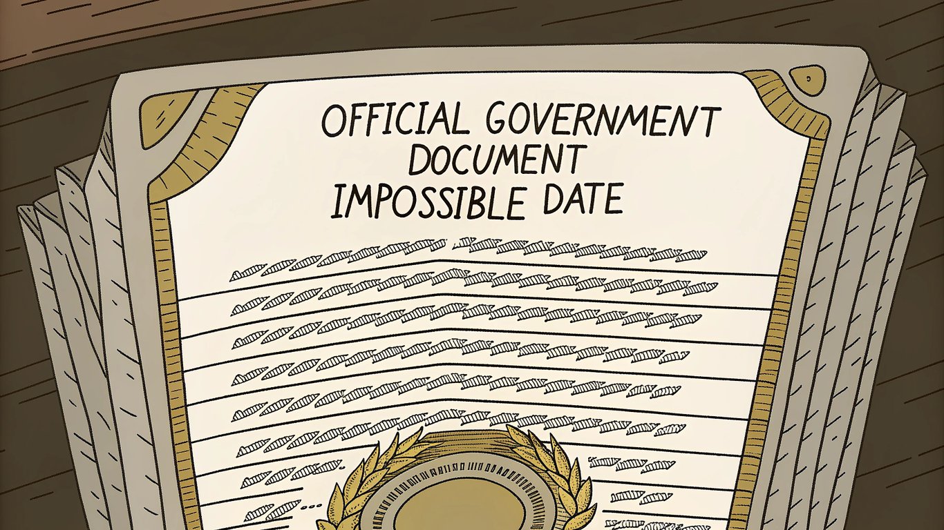 A satirical government document with official formatting but absurd content and a fake date, illustrating how to craft convincing but fake evidence.