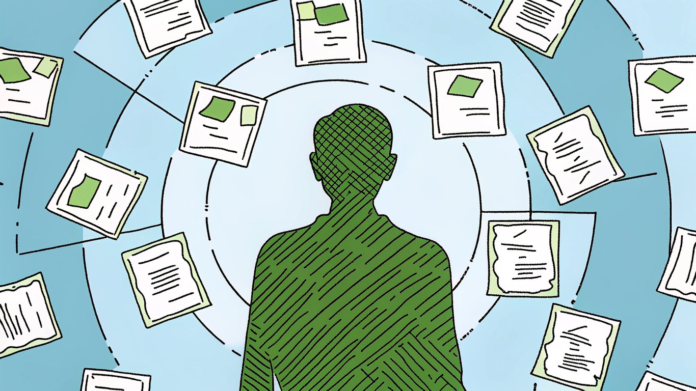 An illustration depicting common conspiracy theory tropes: a shadowy figure, leaked documents, and circular logic.