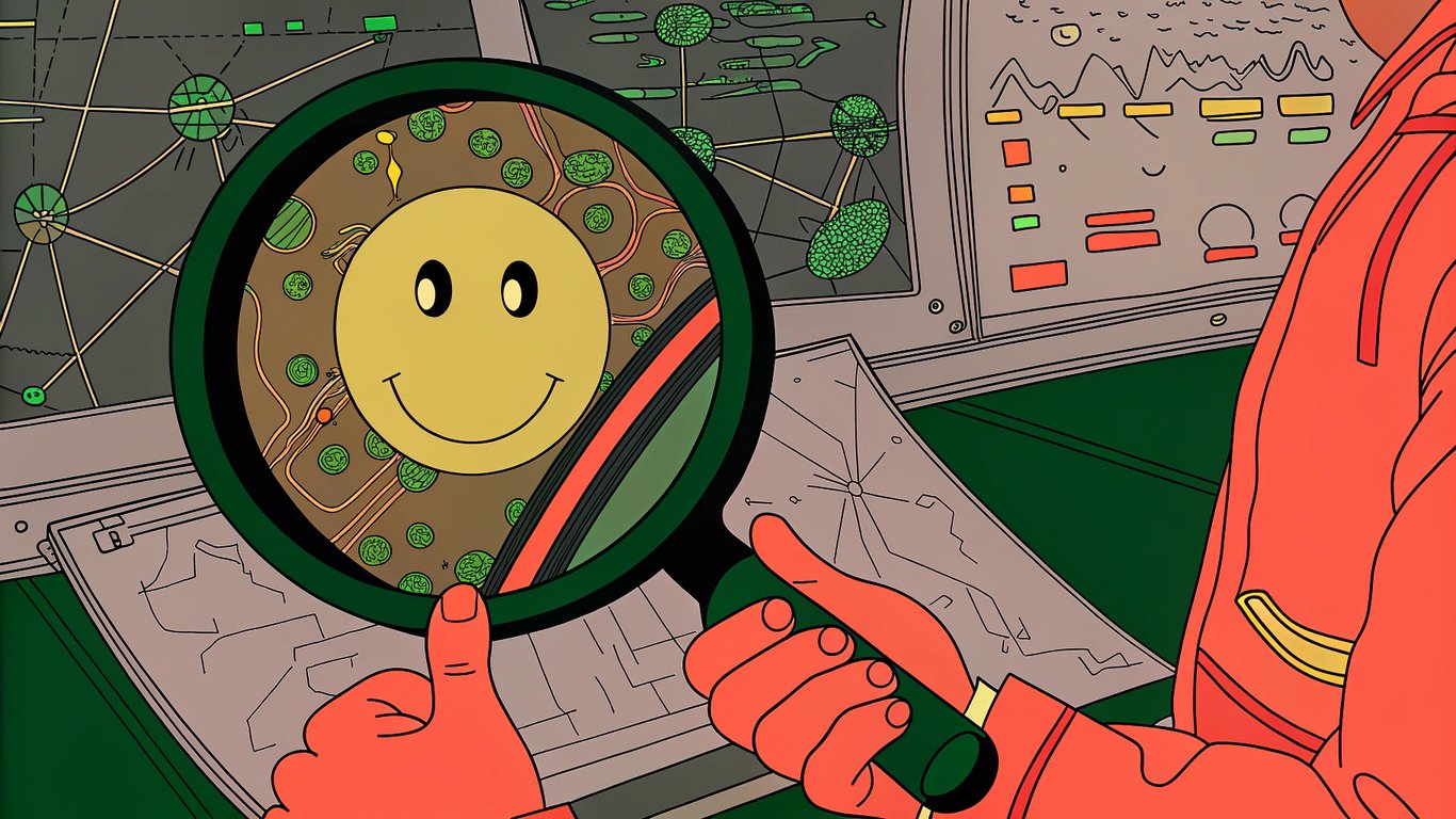 A scientist in a lab coat meticulously studying a simple emoji with a large magnifying glass, surrounded by scientific diagrams, symbolizing exaggerated expert analysis.