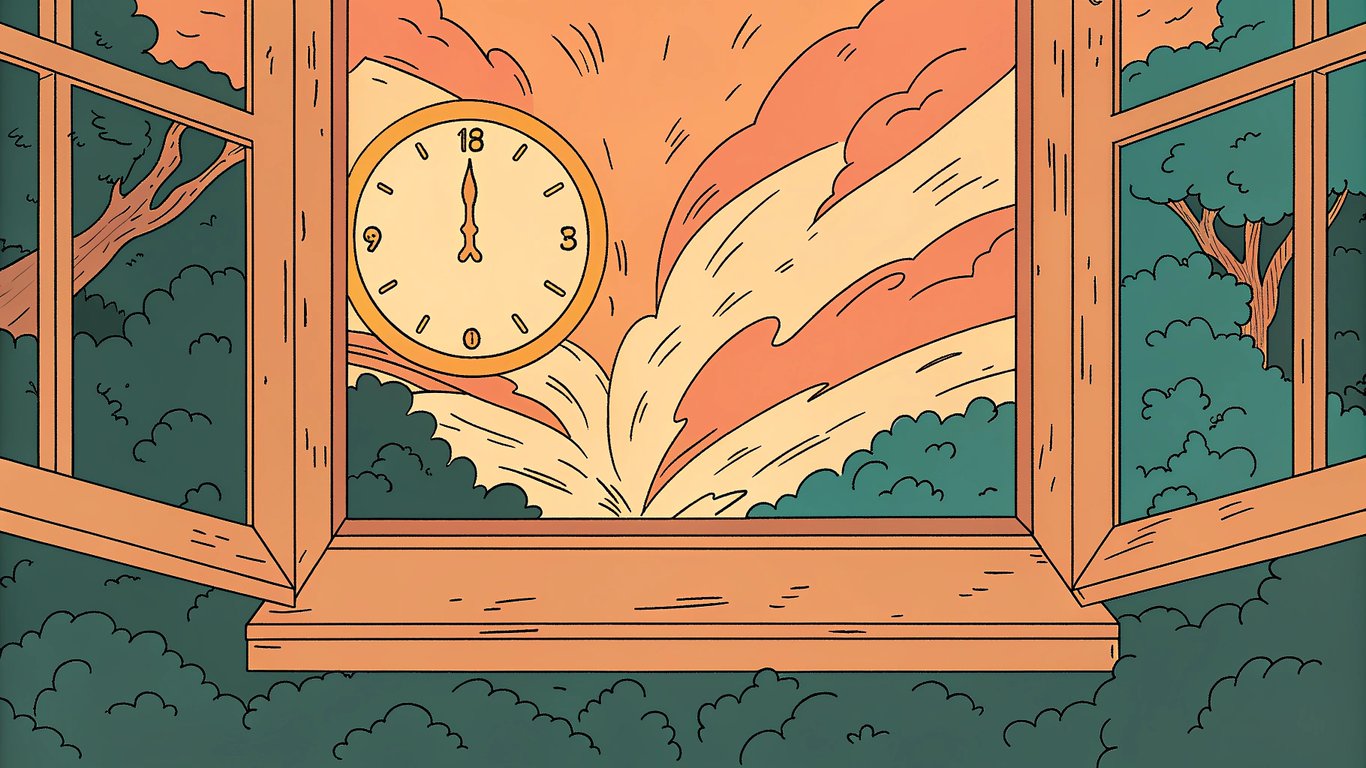 A window of light rapidly closing, with a fast-moving clock, representing a short window of opportunity for pop culture engagement.