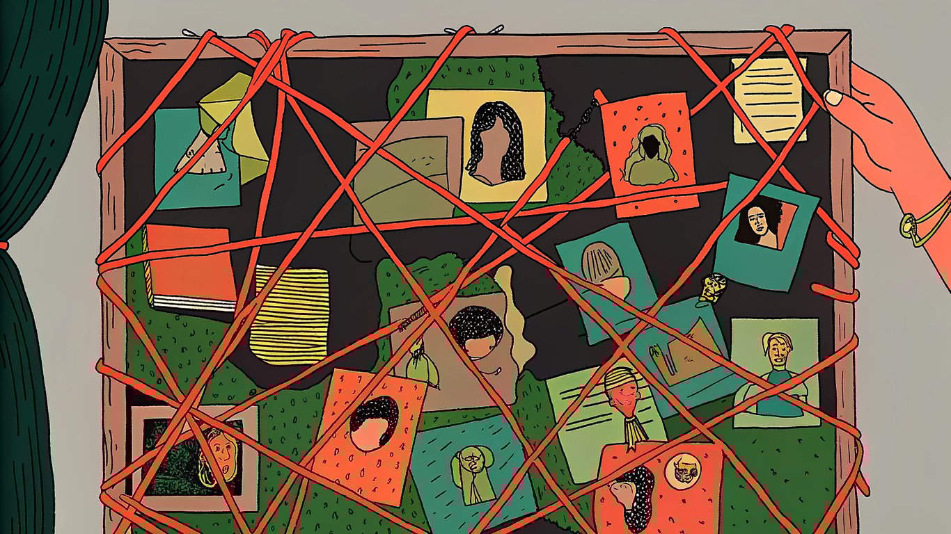 A corkboard with celebrity photos and random objects connected by red strings, illustrating a humorous conspiracy theory.