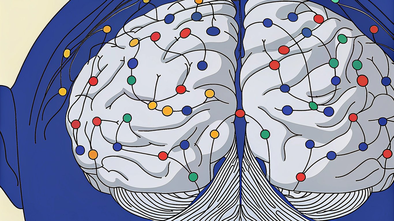 Illustration of a brain connecting disparate elements into a perceived pattern.