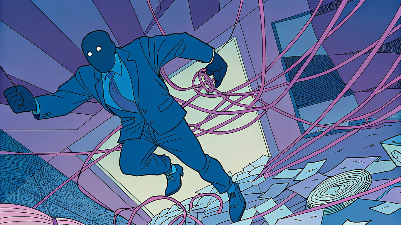 Illustration of a powerful, shadowy figure clumsily trying to control a vast, complex system while leaving obvious evidence.