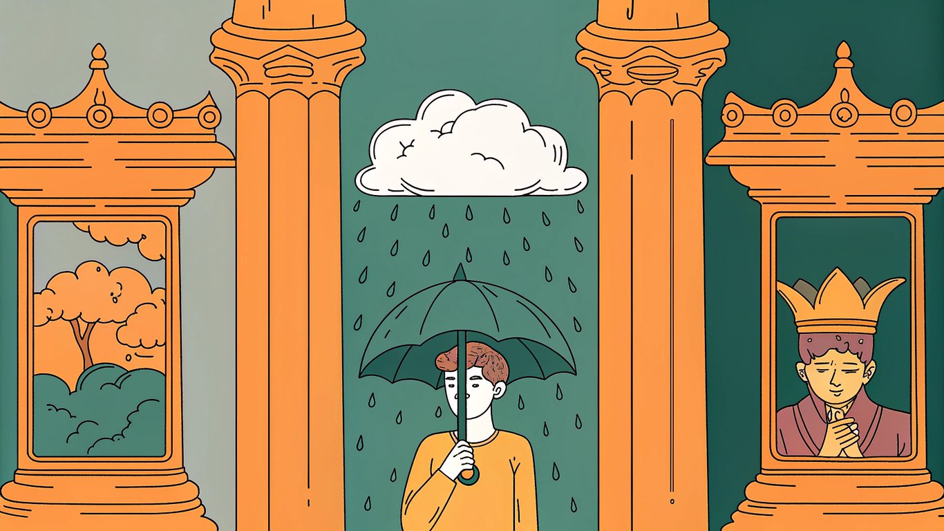 Three pillars representing exaggeration, irony, and reversal, the core techniques of satire.