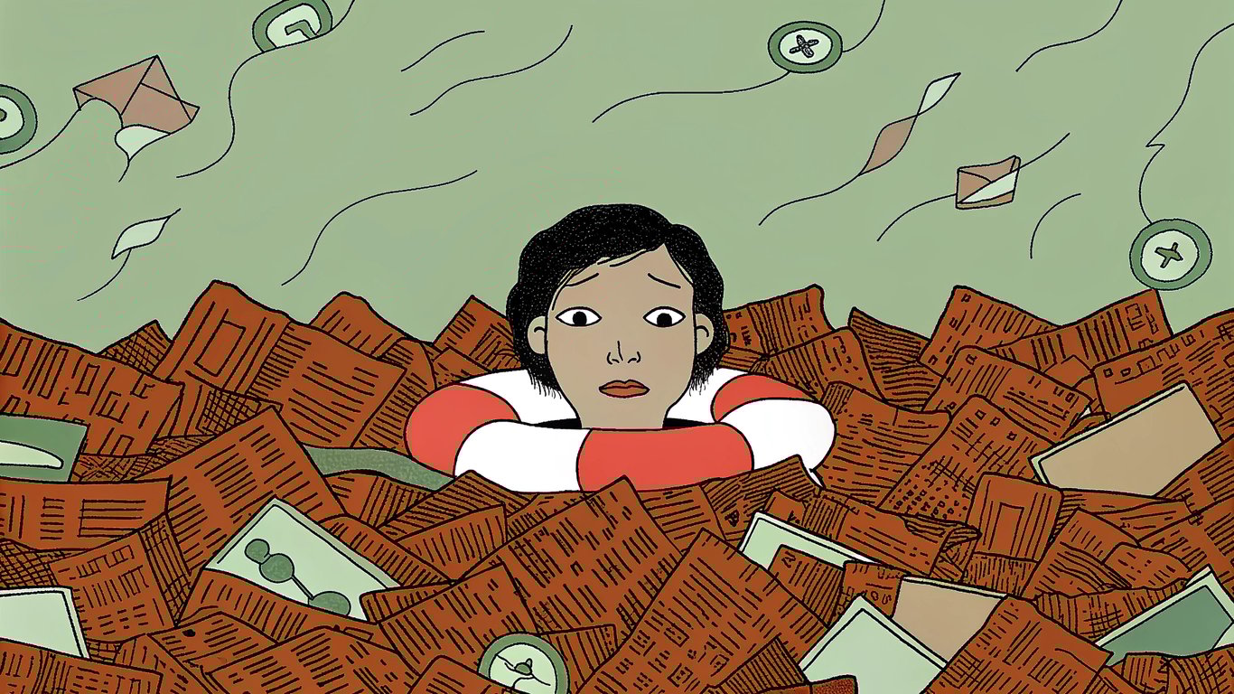 Illustration of a person overwhelmed by news, with satire as a coping mechanism.