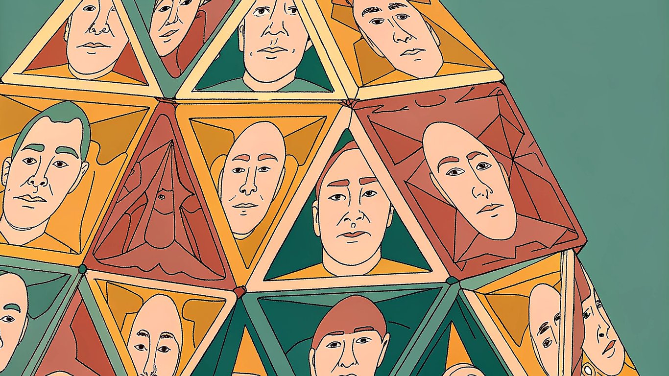 Geometric shapes representing different conspiracy theory templates fitting together like building blocks.