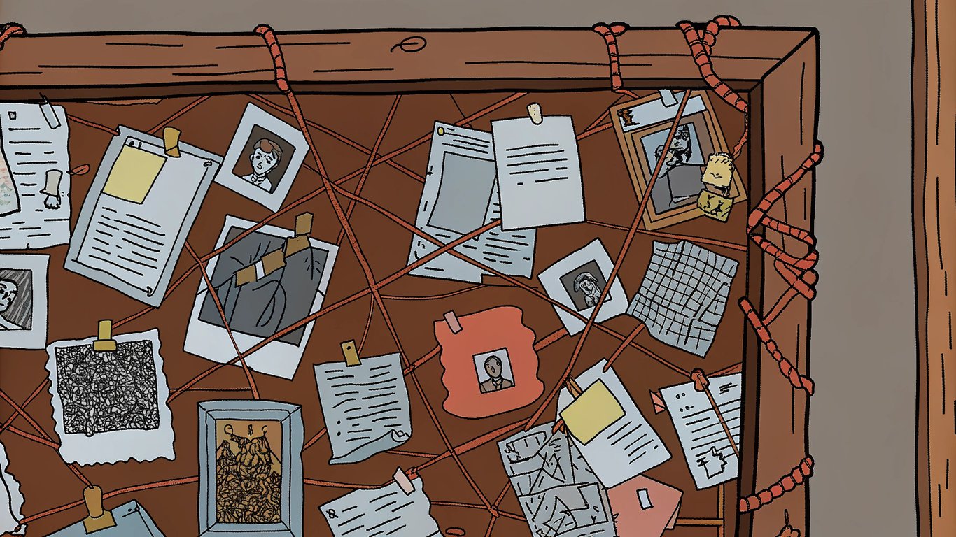 A corkboard with photos and documents connected by red strings, illustrating the 'everything is connected' conspiracy template.