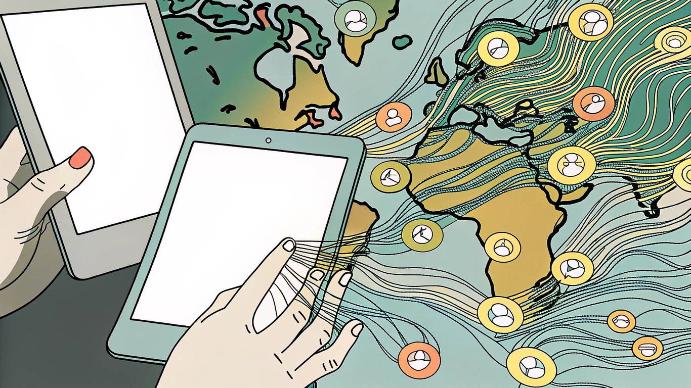 Digital devices and social media icons with information spreading rapidly across a network, symbolizing the evolution of conspiracy theories online.