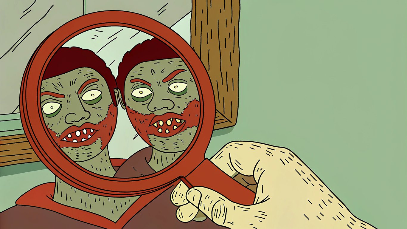 A hand holding a mirror reflecting a comical, exaggerated view of society, symbolizing satire.