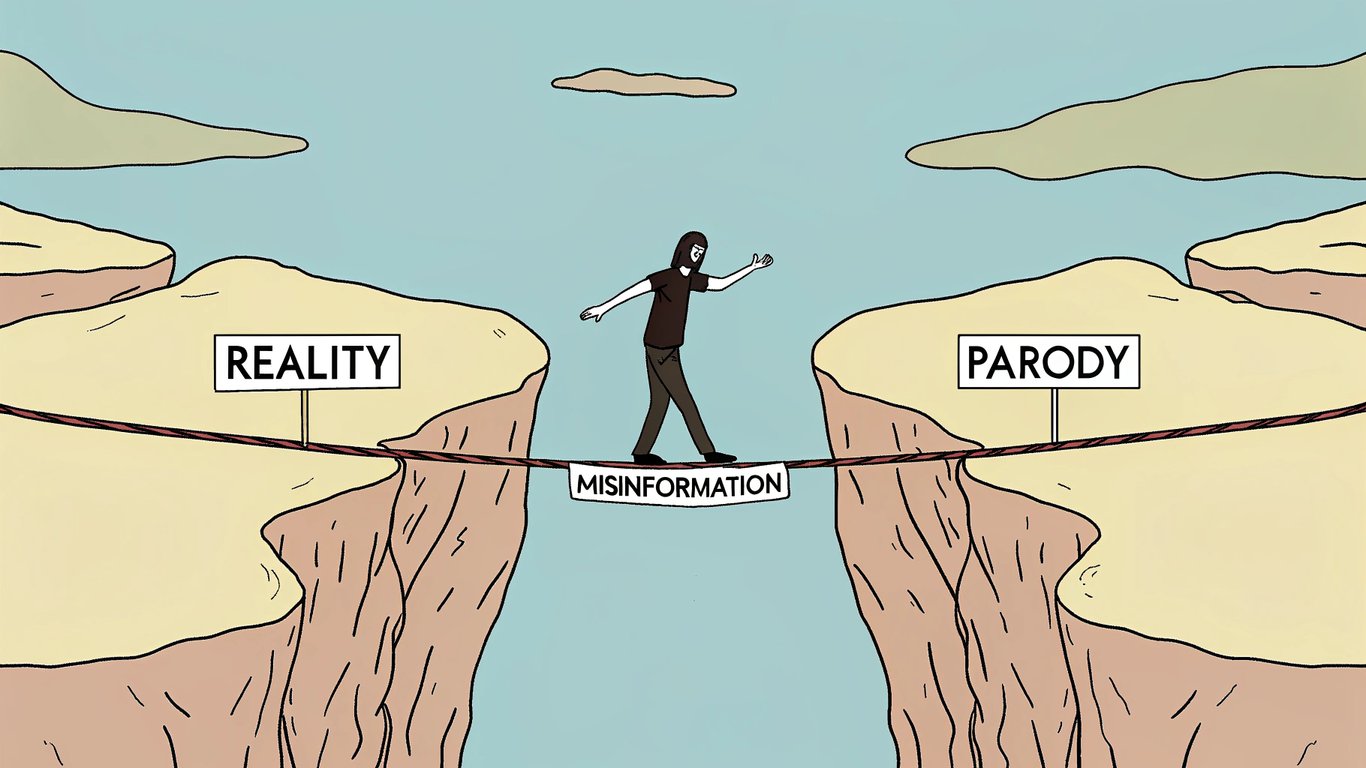 A tightrope walker balancing between 'Reality' and 'Parody,' with a path leading to 'Misinformation,' symbolizing the fine line of satire.