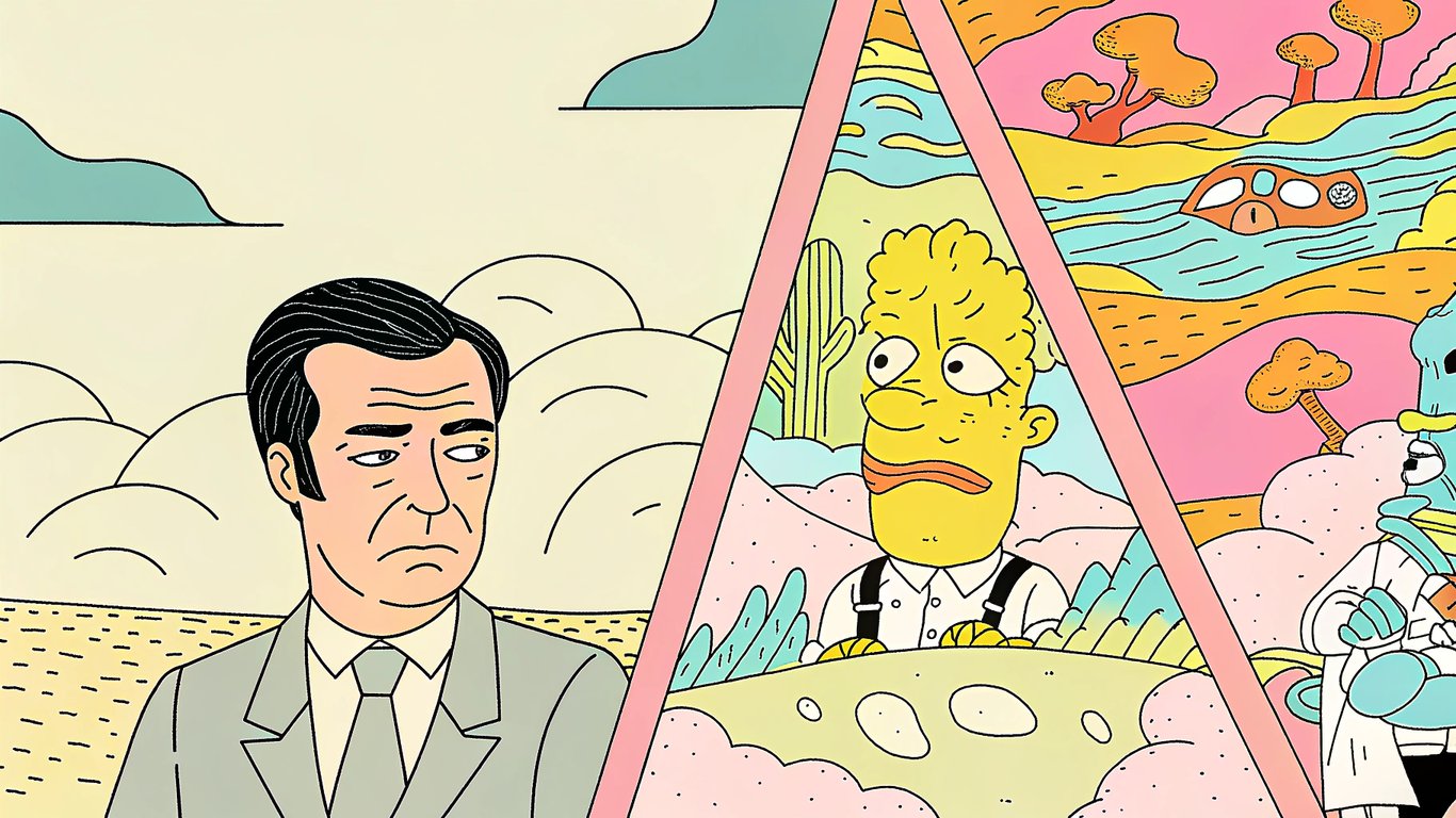 An illustration showing a blurred boundary between serious news and absurd pop culture, symbolizing the current state of satire.