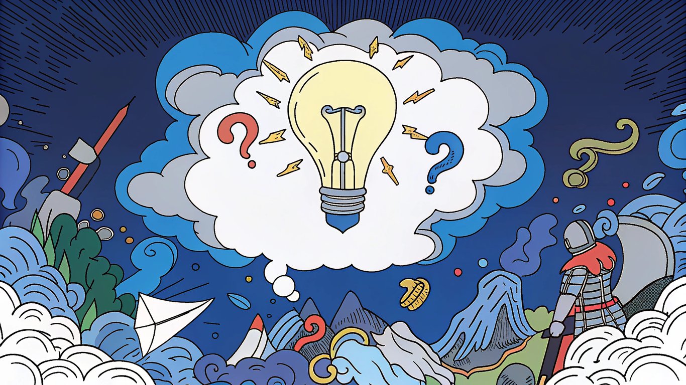 An illustration of a lightbulb illuminating a thought bubble with question marks and diverse objects, symbolizing creative 'What If?' thinking for satire.