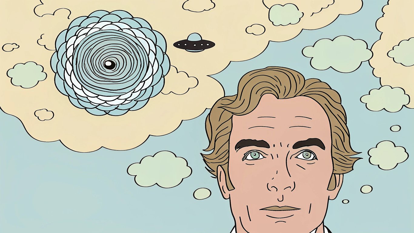 An illustration depicting the concept of celebrity conspiracy satire, showing a famous person with a thought bubble filled with outlandish conspiracy symbols.