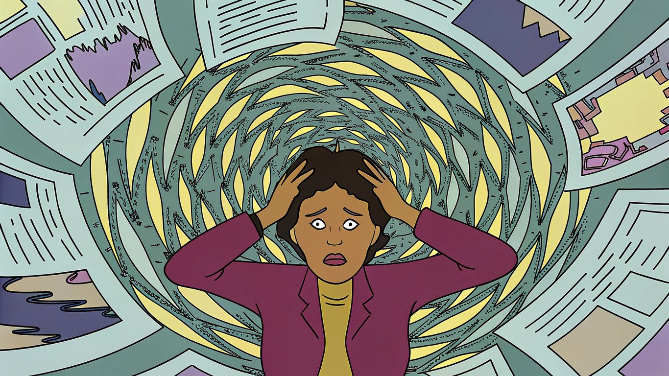 An illustration depicting information overload and confusion in a post-truth era, with a person surrounded by swirling, fragmented news and images.