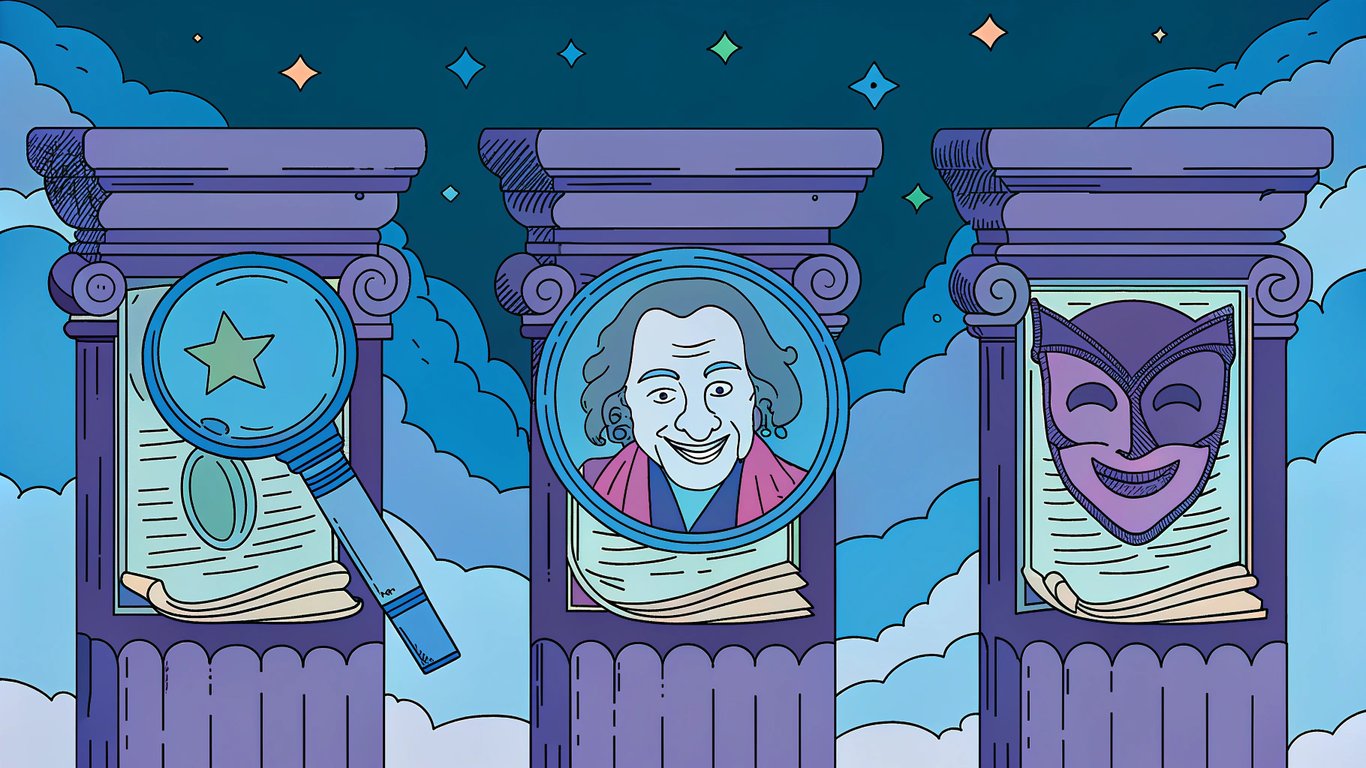 An illustration of three pillars representing the core elements of celebrity conspiracy satire: celebrity subjects, conspiracy framework, and comedic intent.