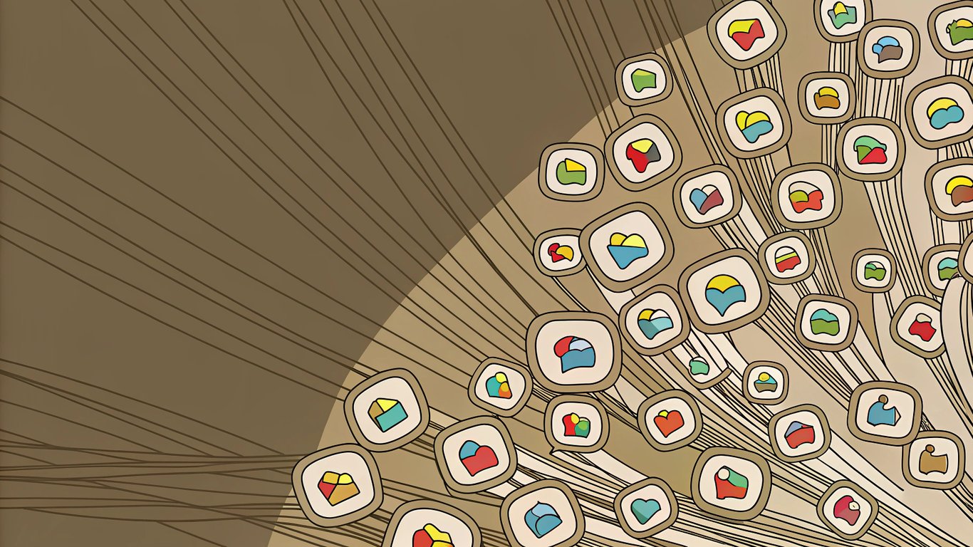 An illustration showing social media icons connected by lines, with information rapidly spreading between them, symbolizing content amplification.