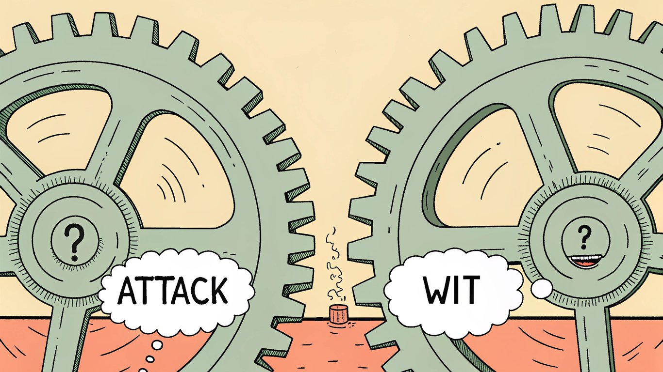 Two gears, one representing 'Attack' and the other 'Wit', meshing together to create a thought-provoking, humorous outcome, symbolizing the essential components of satire.