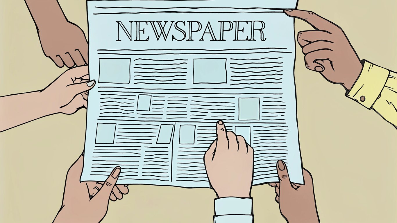 Hands sharing a satirical news headline on social media, some confused, some believing it, illustrating how satire can be mistaken for real news.